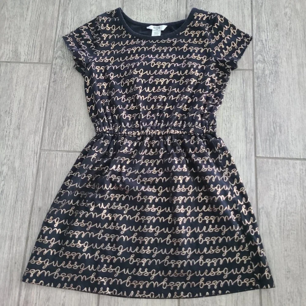 GUESS girls Black Dress with Gold Script Logo Print Size 8